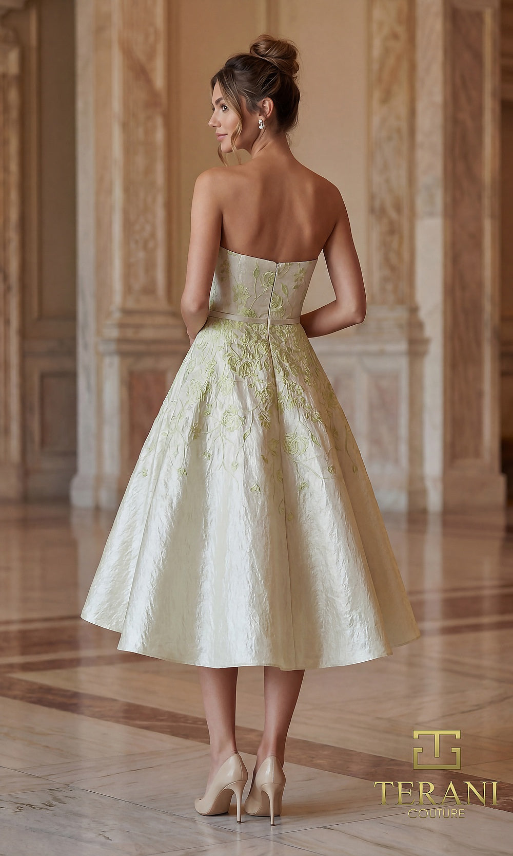 Terani Couture 262C7500 Silver Light Green cocktail dress back view with strapless metallic brocade, full tea-length A-line skirt, semi-formal party dress