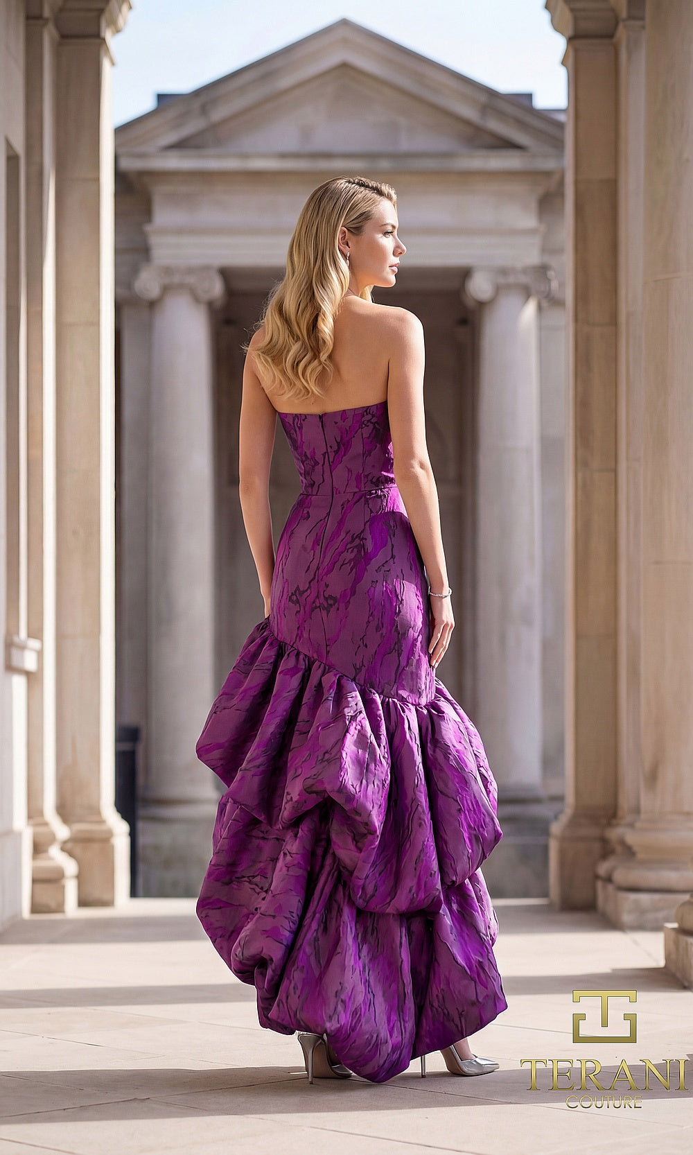 Terani Couture 262C7546 Purple formal evening dress back view with strapless jacquard corset bodice, bubble-tiered pick-up drop-waist skirt, gala gown