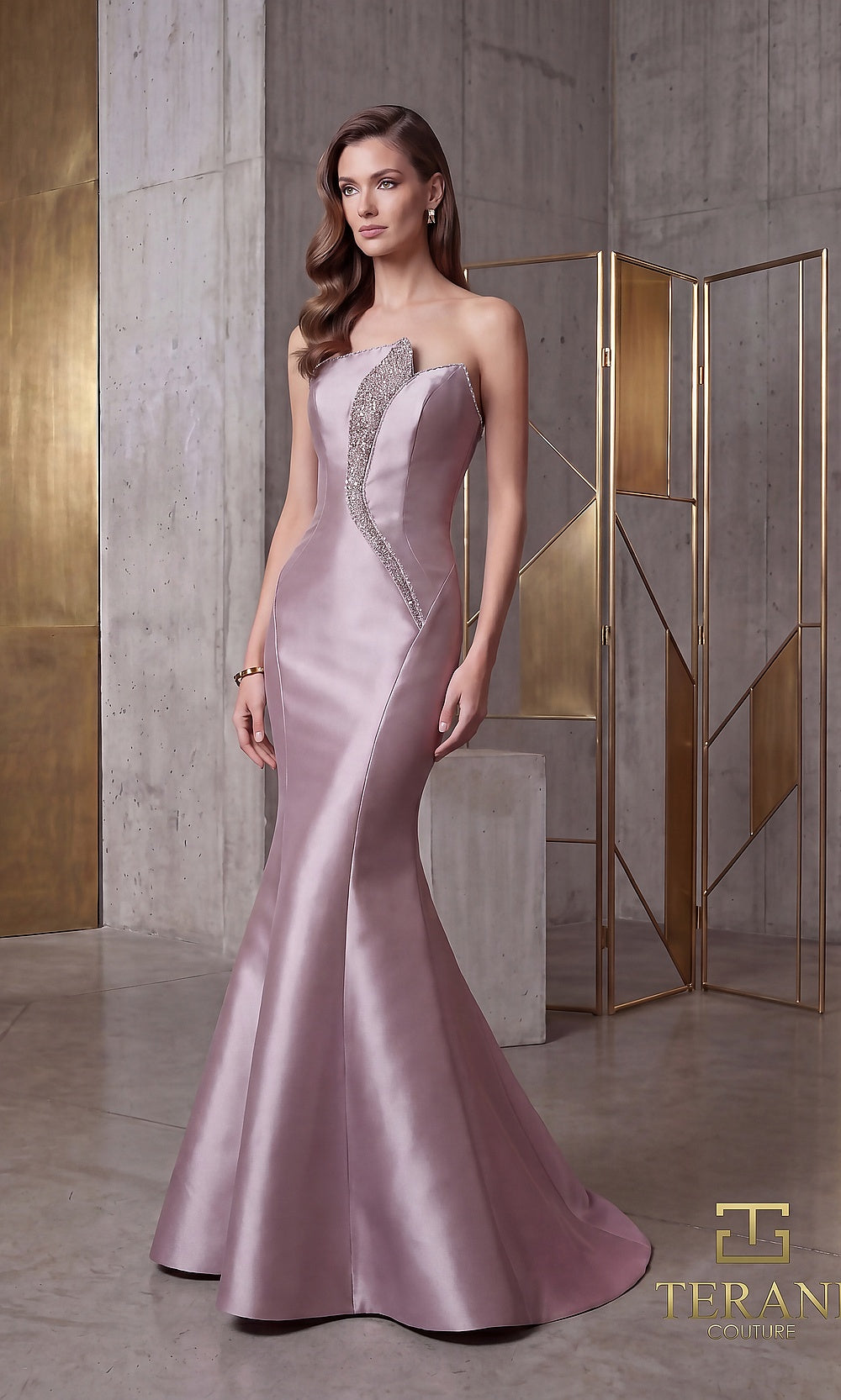 Terani Couture 262E7055 Mink formal evening dress front view with strapless notched sweetheart with crystal beaded neckline, mikado satin fitted mermaid, black tie event dress