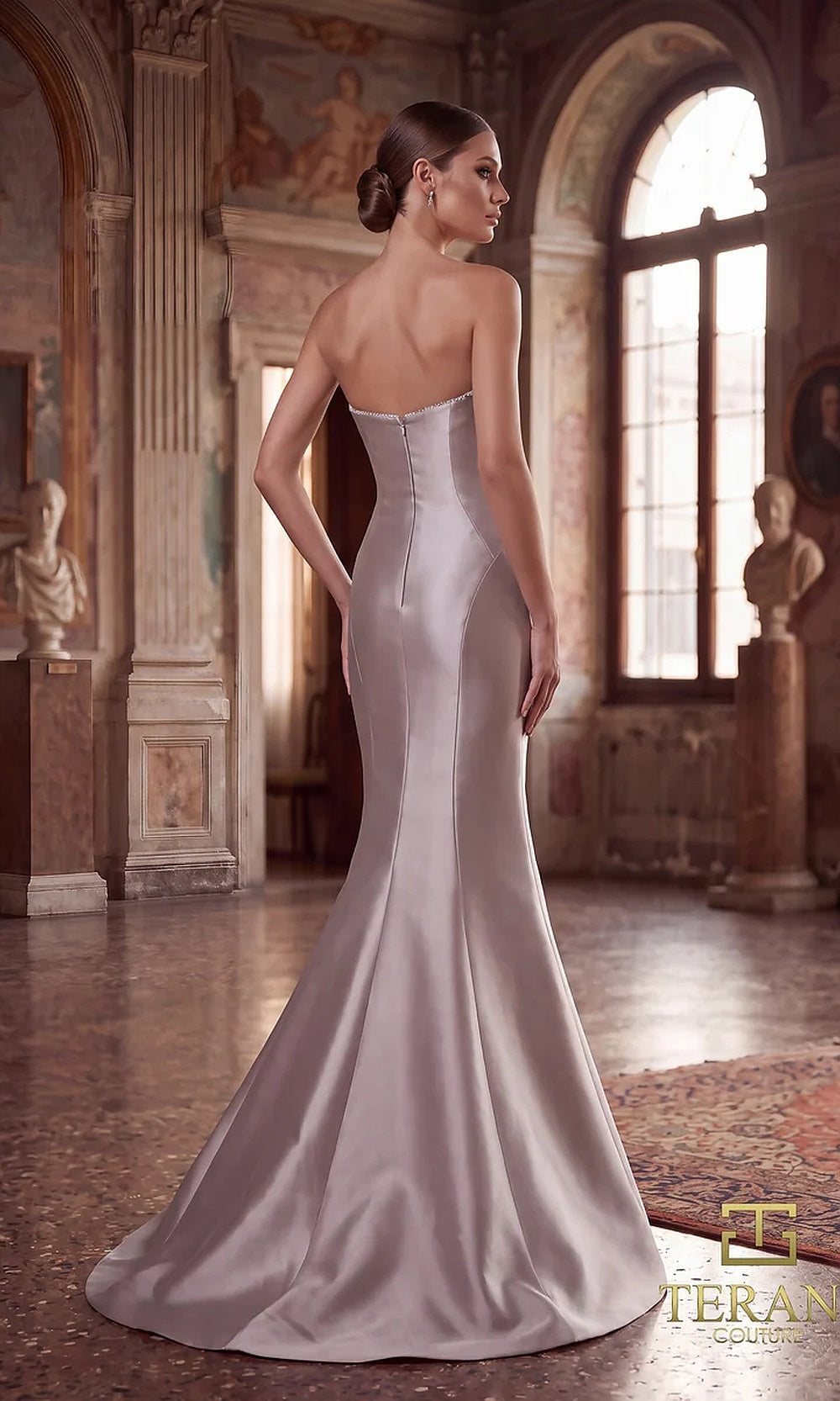 Terani Couture 262E7055 Taupe formal evening dress back view with strapless mikado mermaid, low back, sweeping flared hem, gala gown