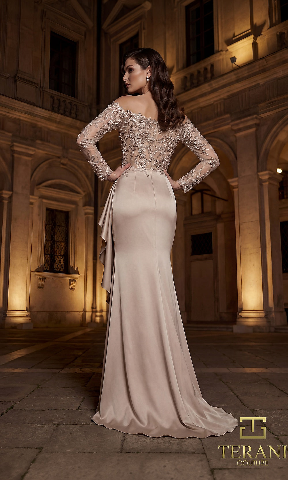 Terani Couture 262E7074 Taupe formal evening dress back view with long-sleeve sheer beaded lace illusion back, crepe column, cascading back drape, gala gown