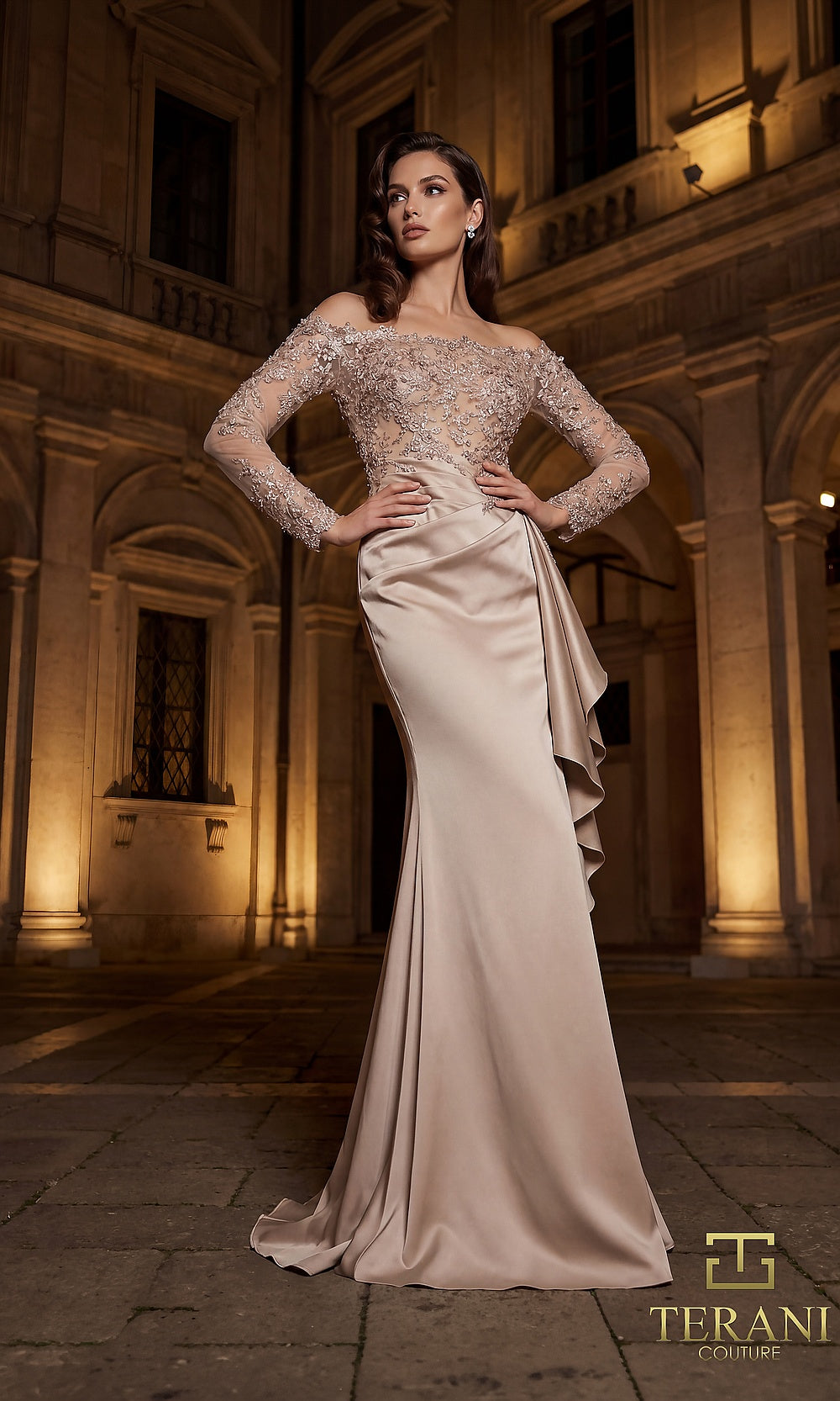 Terani Couture 262E7074 Taupe formal evening dress front view with off-shoulder long-sleeve beaded lace bodice, satin crepe fitted column with cascading side drape, black tie event dress