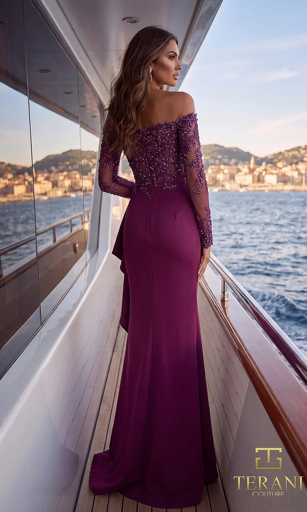 Terani Couture 262E7074 Wine formal evening dress back view with long-sleeve beaded lace bodice, crepe column, cascading back drape, gala gown