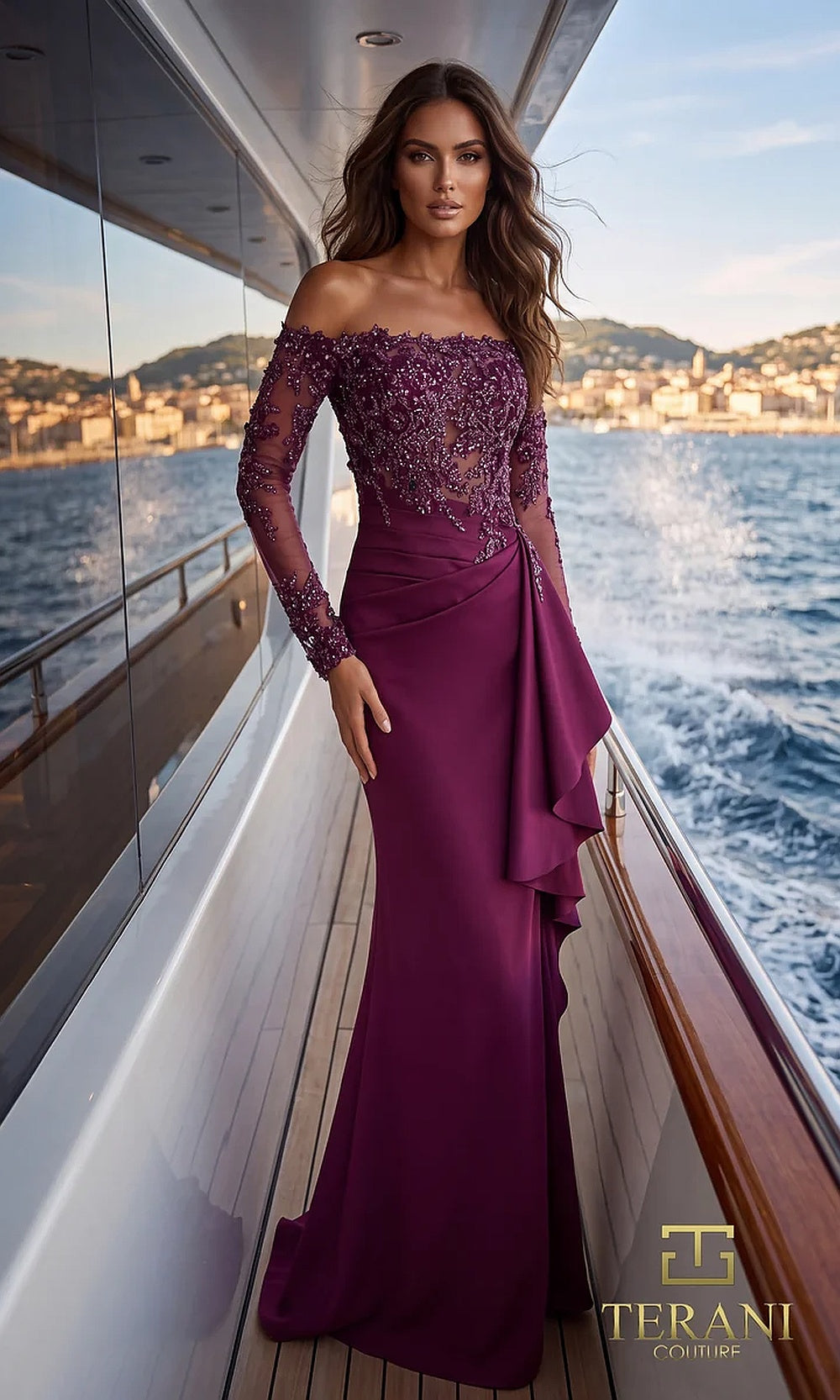 Terani Couture 262E7074 Wine formal evening dress front view with off-shoulder long-sleeve beaded lace bodice, crepe column with cascading side drape, black tie event dress