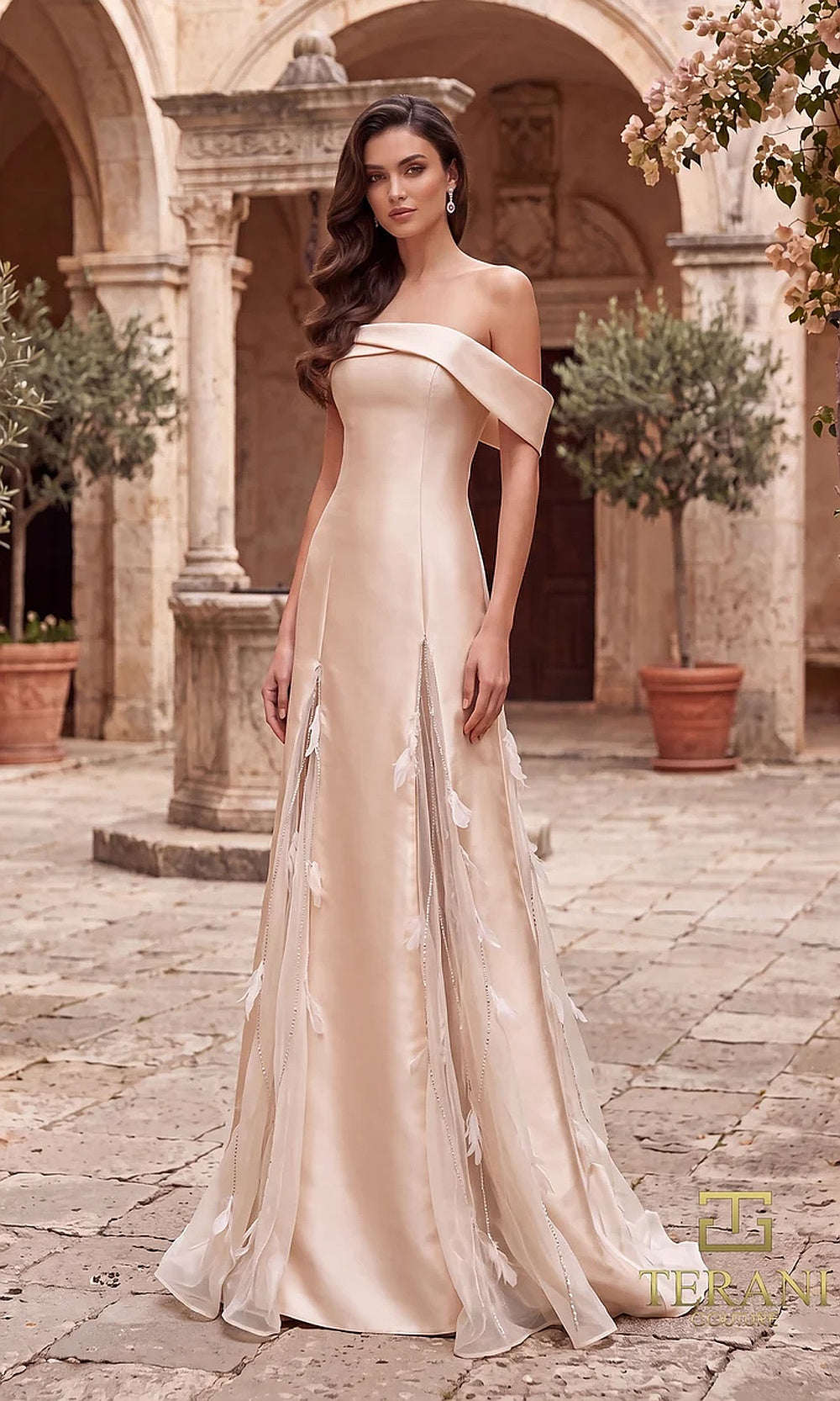 Terani Couture 262E7080 Champagne formal evening dress front view with off-shoulder folded neckline, satin A-line with textured petal appliqué panels, evening gown