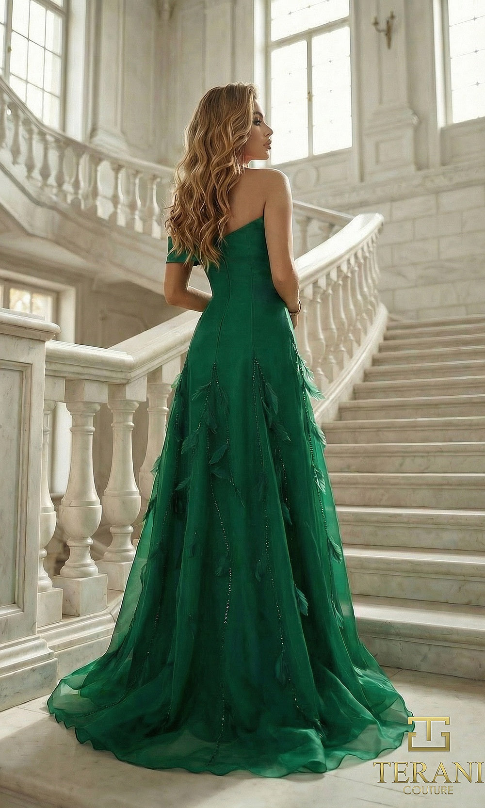 Terani Couture 262E7080 Hunter formal evening dress back view with off-shoulder tulle A-line, cascading petal appliqués, sweep train, gala gown