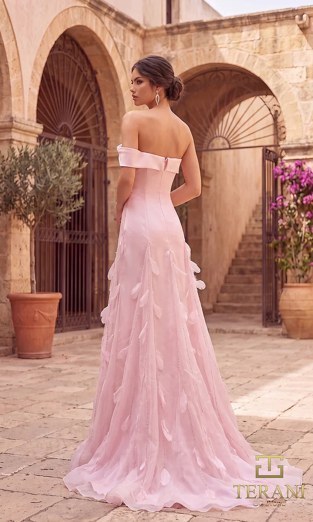 Terani Couture 262E7080 Light Mauve formal evening dress back view with off-shoulder A-line, cascading petal appliqués, sweep train, evening gown