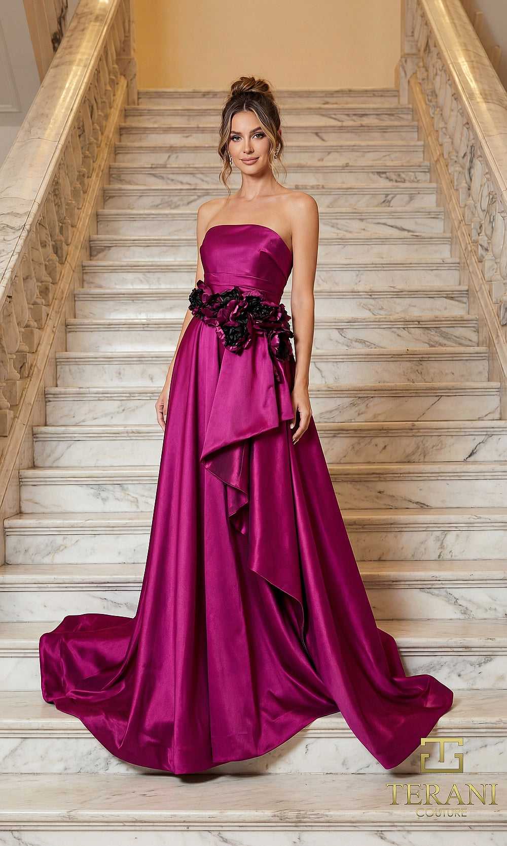 Terani Couture 262E7082 Cranberry formal evening dress front view with strapless taffeta gown with black 3D rosette waist, draped side cascade, A-line with train, evening gown