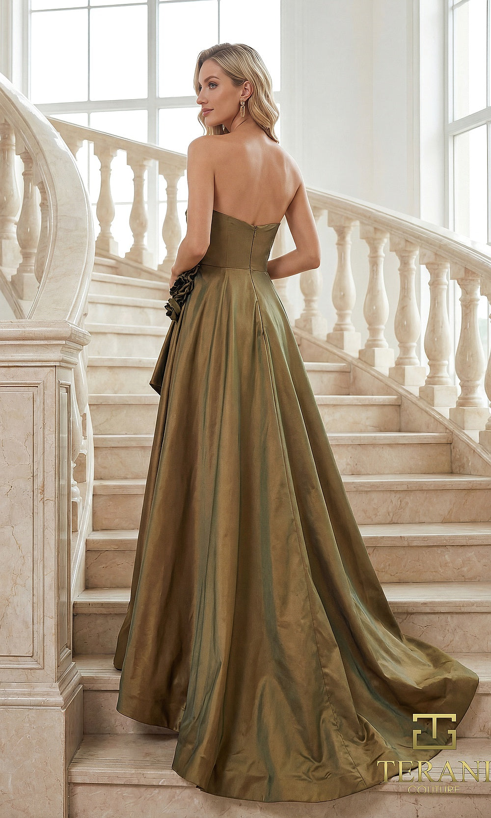 Terani Couture 262E7082 Gold formal evening dress back view with strapless iridescent taffeta A-line with black rosette hip, sweep train, gala gown