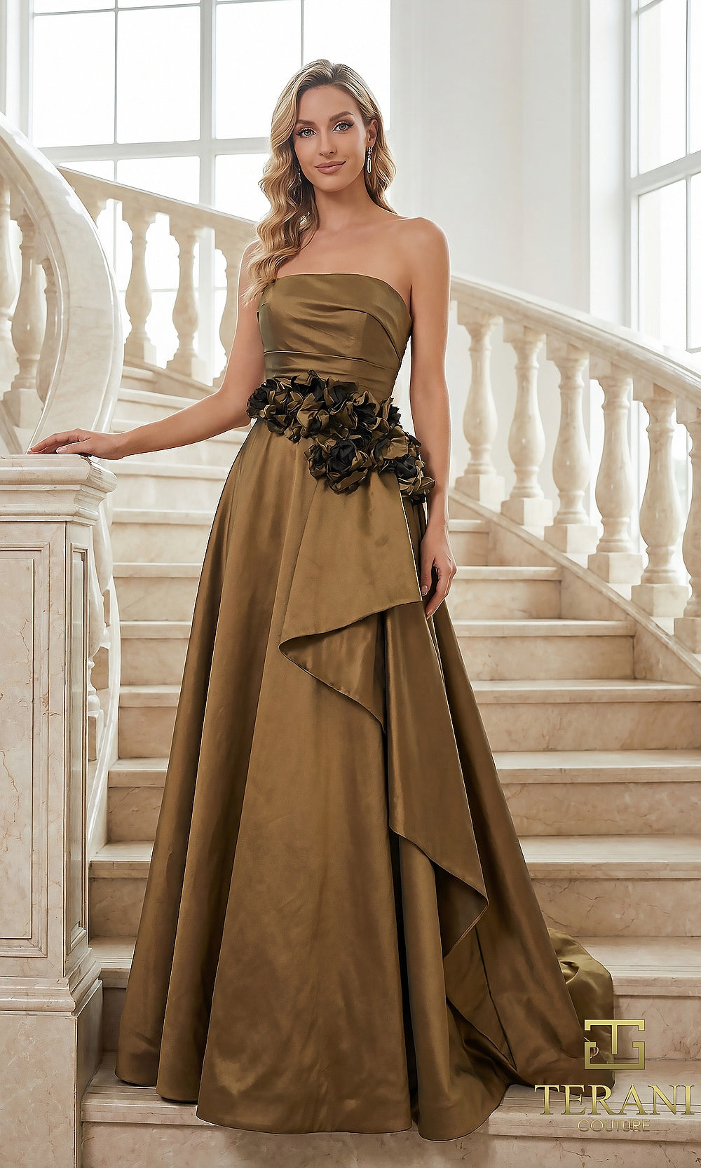 Terani Couture 262E7082 Gold formal evening dress front view with strapless pleated taffeta bodice, black 3D rosette waist, draped side cascade A-line skirt, black tie event dress