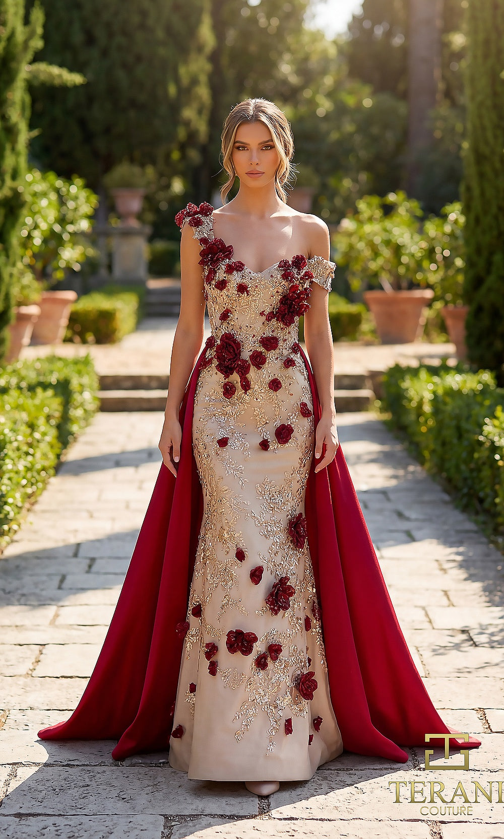 Terani Couture 262E7097 Taupe Wine formal evening dress front view with one-shoulder beaded nude illusion column with 3D wine floral appliqué, detachable wine satin overskirt, black tie event dress