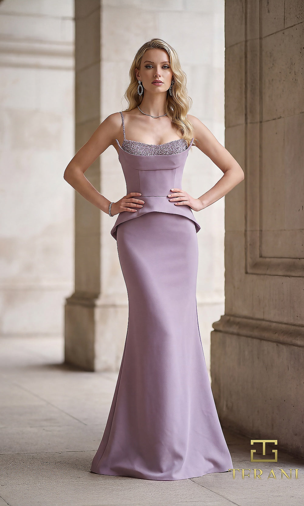 Terani Couture 262E7099 Heather formal evening dress front view with square neckline with beaded trim, spaghetti straps, crepe peplum fitted column, black tie event dress