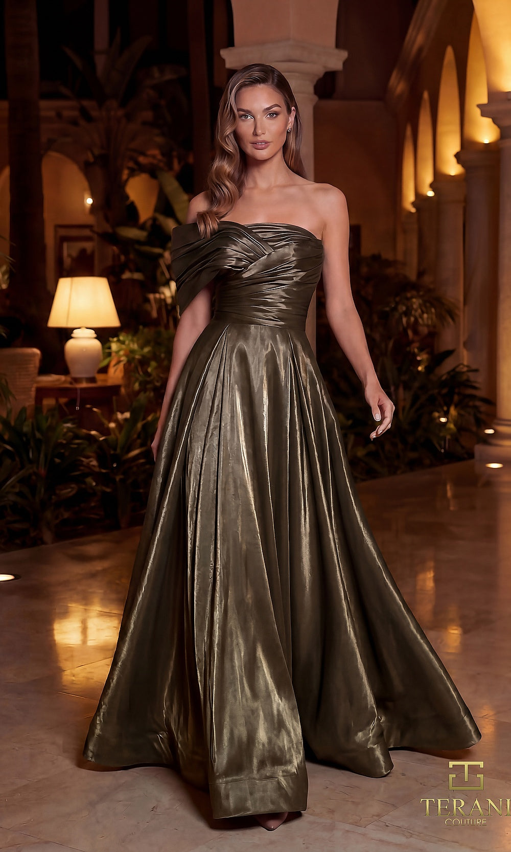 Terani Couture 262E7103 Stone formal evening dress front view with asymmetric off-shoulder pleated drape bodice, metallic stone satin A-line ballgown, evening gown