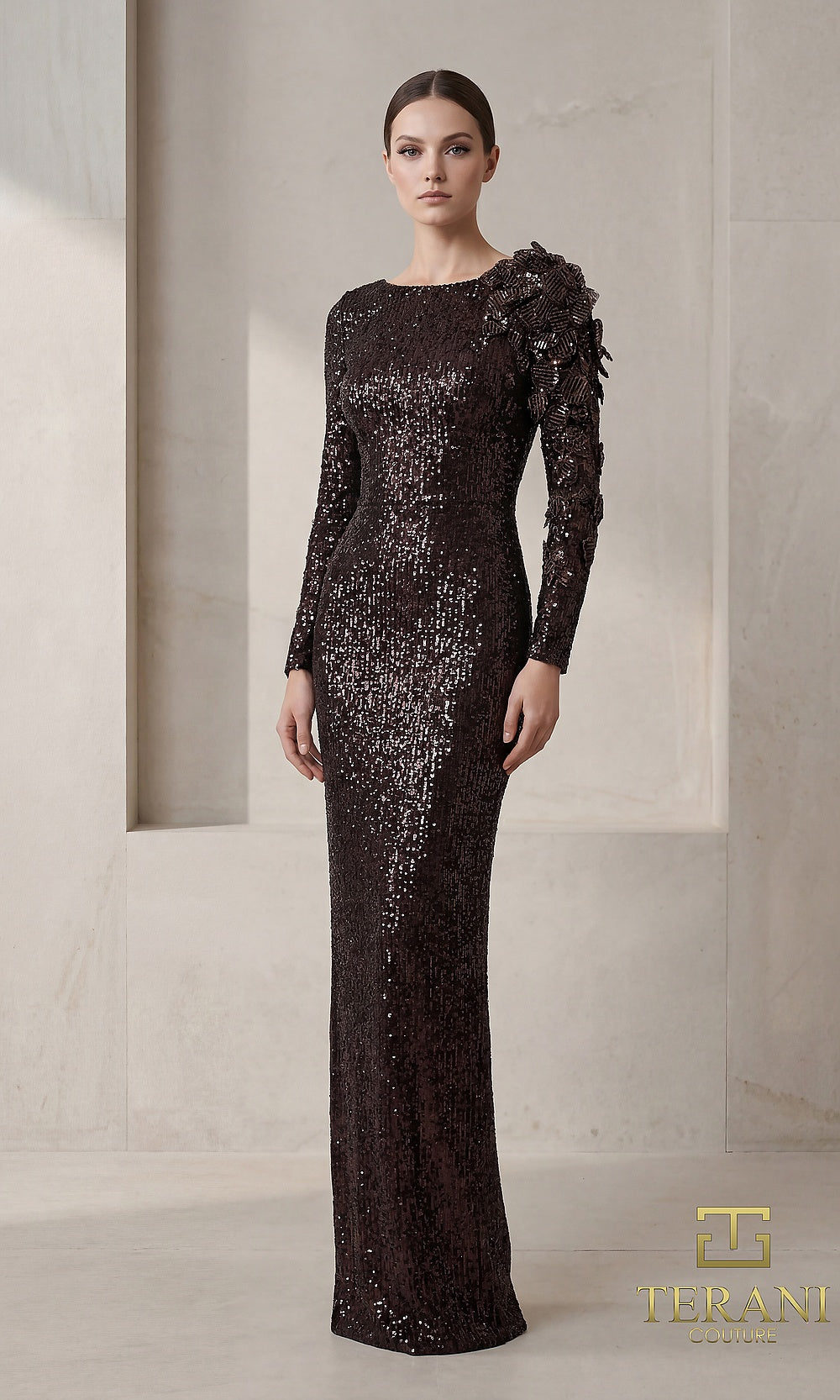 Terani Couture 262E7106 Chocolate formal evening dress front view with high jewel neckline, long-sleeve sequin column gown, 3D floral shoulder appliqué, black tie event dress