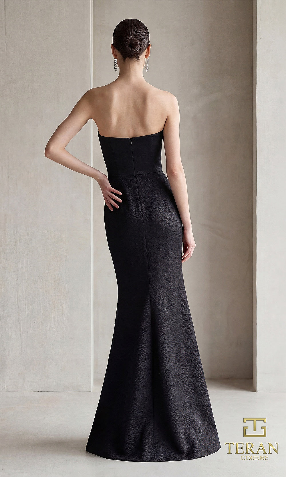 Terani Couture 262E7107 Black formal evening dress back view with strapless textured crepe mermaid, closed back, gala gown