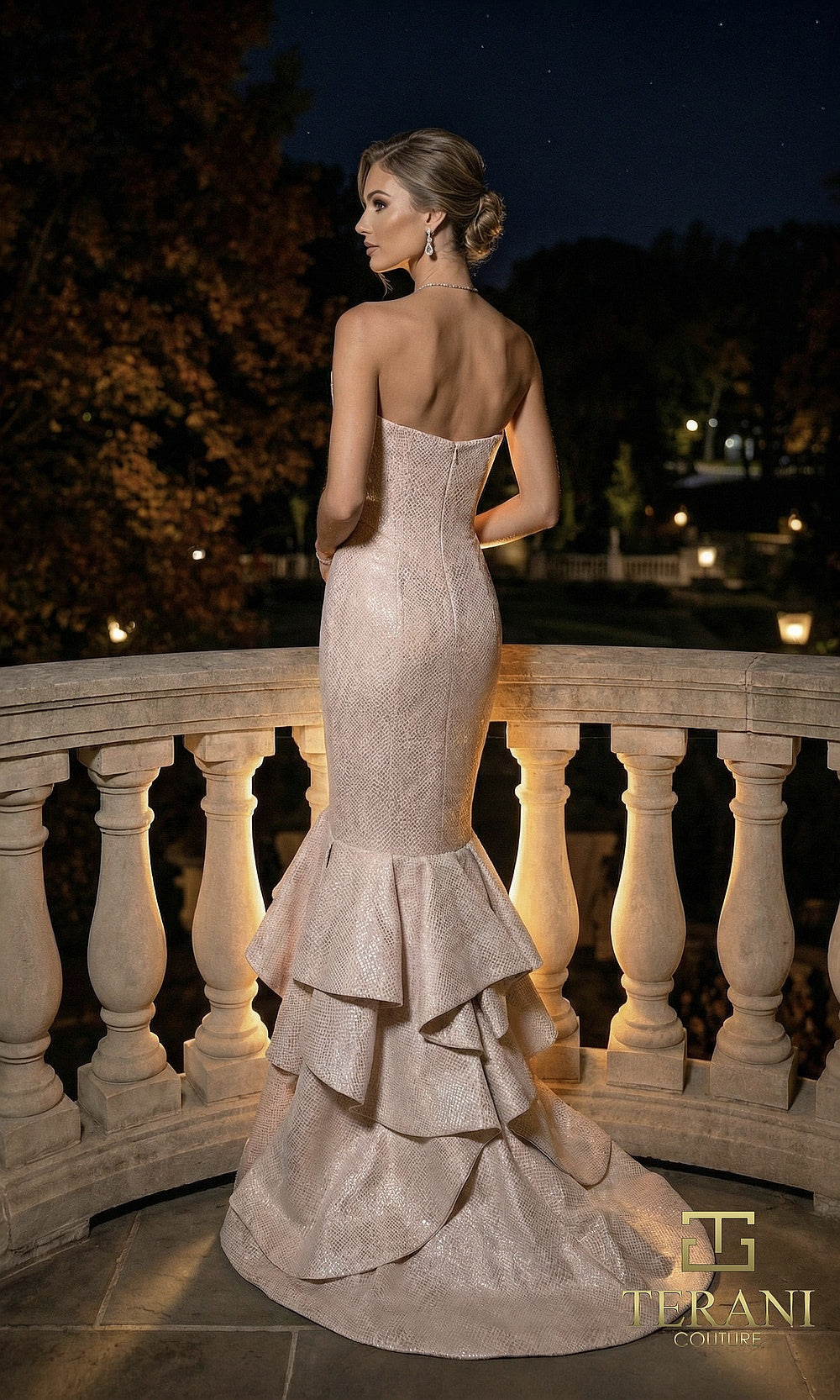 Terani Couture 262E7108 Champagne formal evening dress back view with strapless jacquard mermaid, cascading tiered ruffle train, gala gown