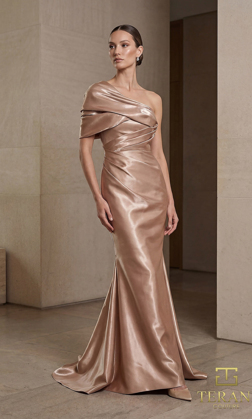 Terani Couture 262E7119 Dark Champagne formal evening dress front view with asymmetric draped off-shoulder neckline, ruched liquid satin fitted mermaid, black tie event dress