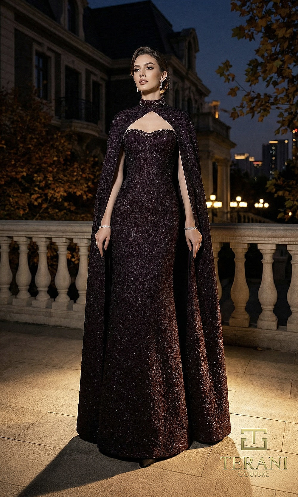 Terani Couture 262E7125 Wine formal evening dress front view with sweetheart glitter knit column with attached high-neck cape, keyhole neckline, black tie event dress