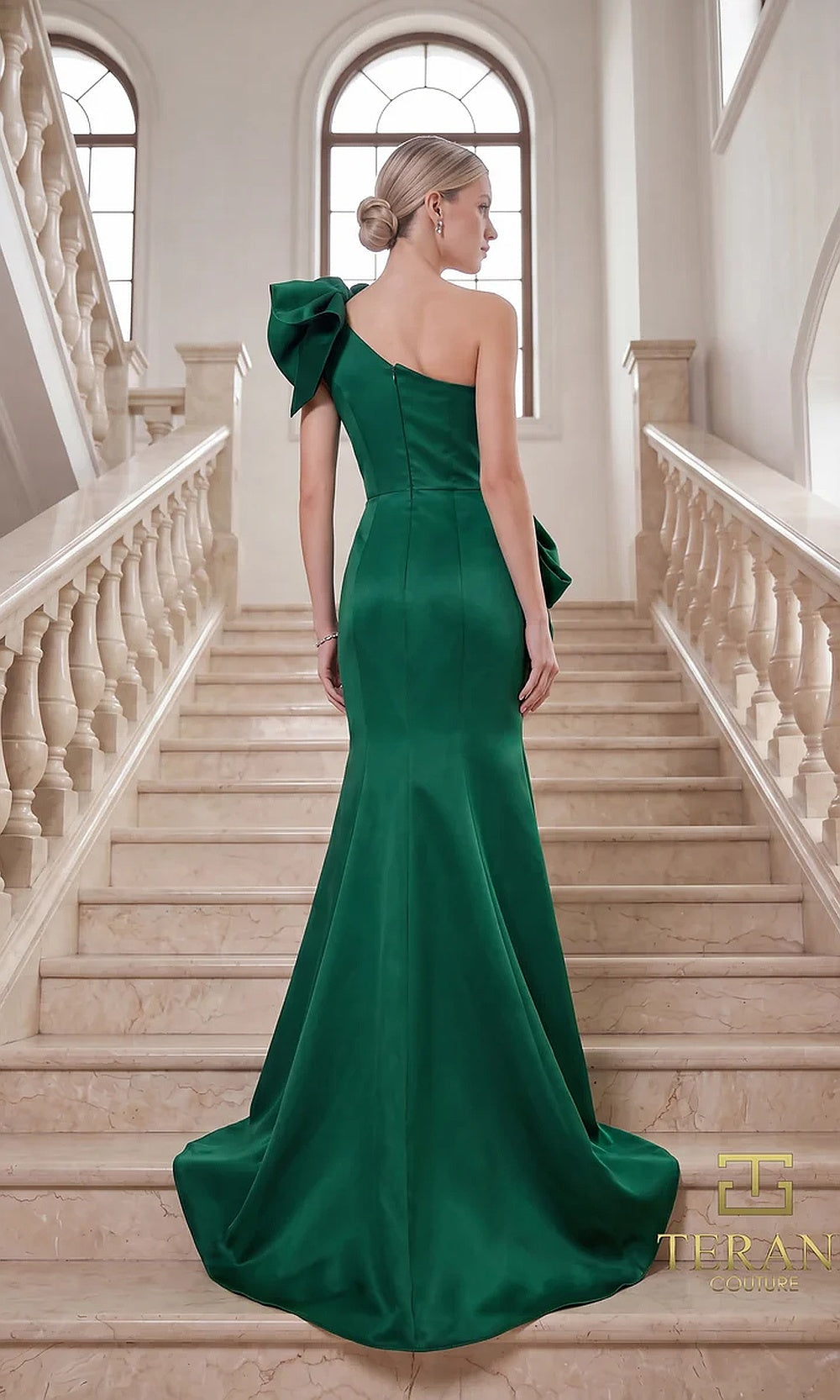 Terani Couture 262E7132 Emerald formal evening dress back view with one-shoulder ruffle bow, satin fitted mermaid with sweep train, black tie event dress