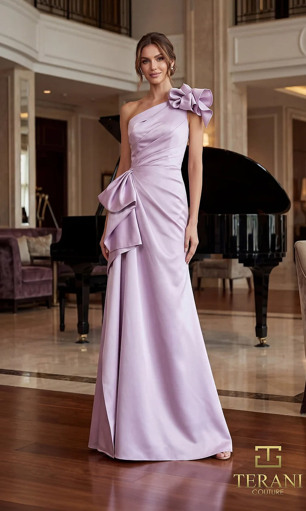Terani Couture 262E7132 Lavender formal evening dress front view with one-shoulder ruffle bow neckline, ruched satin column with sculpted side bow, gala gown