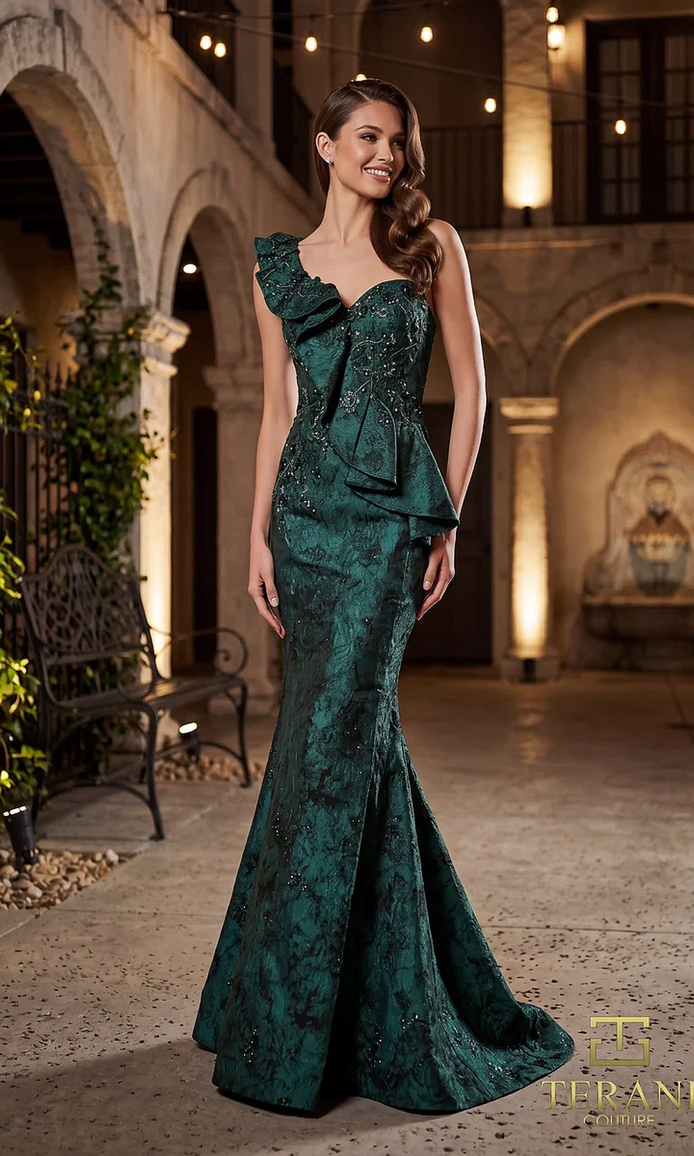 Terani Couture 262E7136 Evergreen formal evening dress front view with one-shoulder cascading ruffle neckline, beaded jacquard fitted mermaid, gala gown