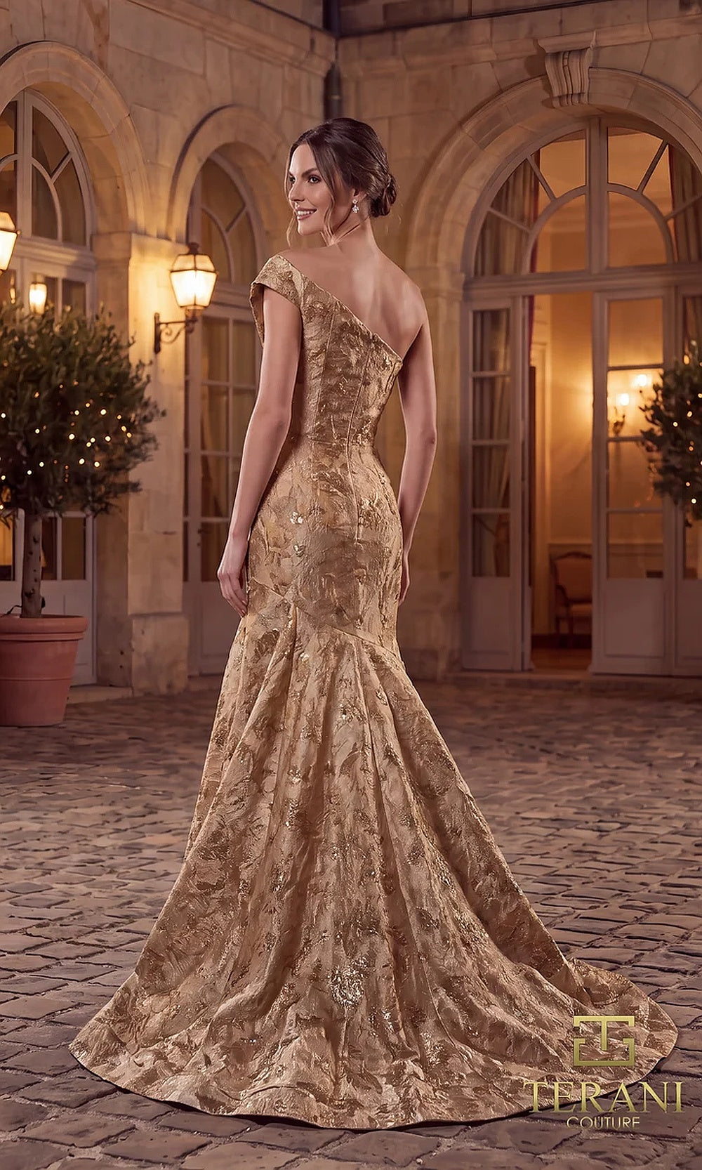 Terani Couture 262E7137 Cava formal evening dress back view with off-shoulder metallic brocade mermaid, sweep train, evening gown