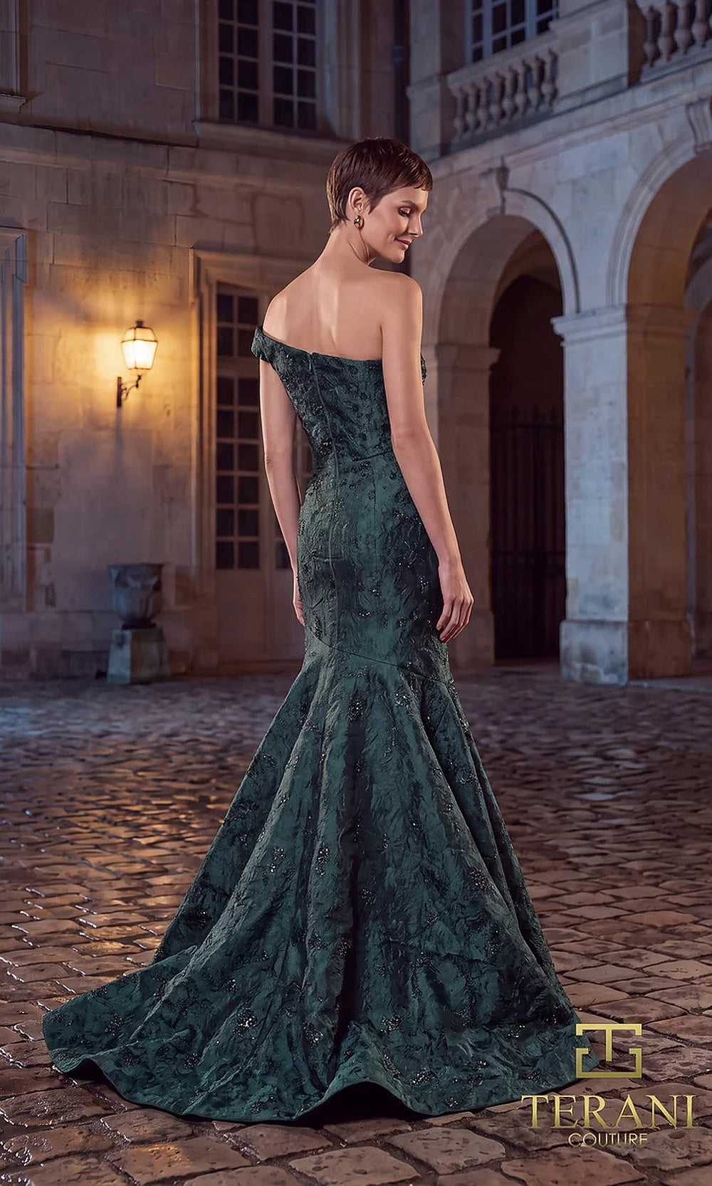 Terani Couture 262E7137 Evergreen formal evening dress back view with off-shoulder brocade jacquard mermaid, flared train, gala gown