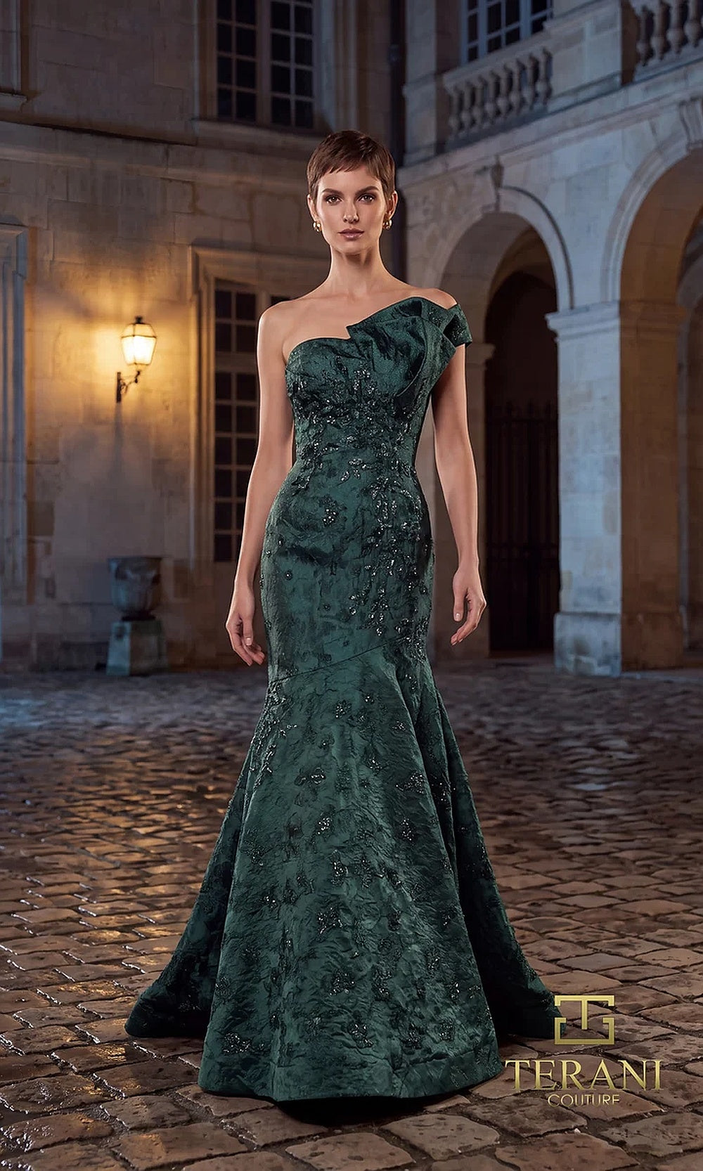 Terani Couture 262E7137 Evergreen formal evening dress front view with asymmetric one-shoulder draped neckline, beaded brocade jacquard mermaid, black tie event dress