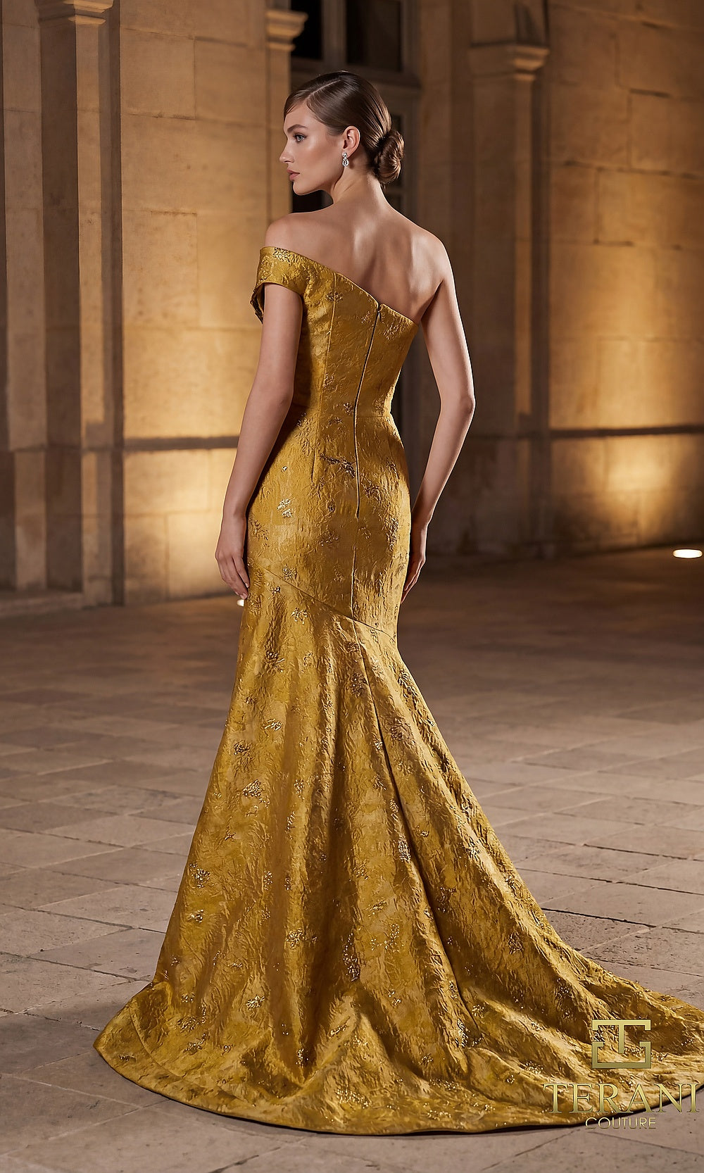 Terani Couture 262E7137 Gold formal evening dress back view with off-shoulder metallic jacquard mermaid, sweep train, gala gown