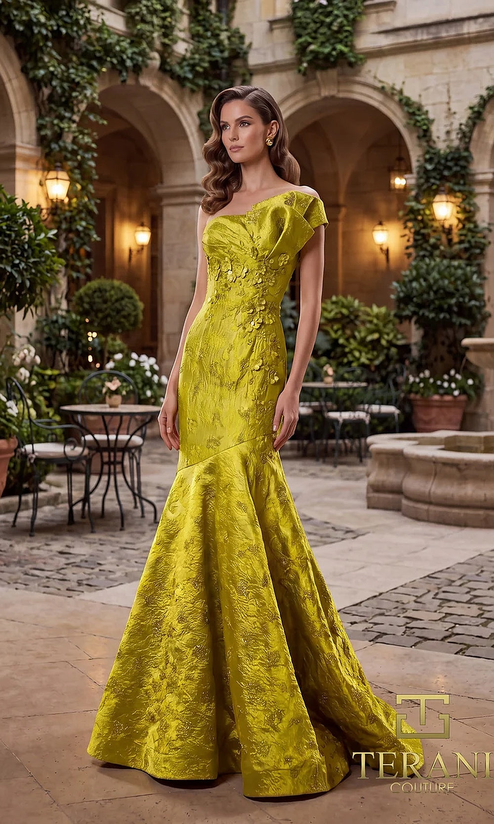 Terani Couture 262E7137 Lemon formal evening dress front view with asymmetric one-shoulder draped neckline, metallic brocade jacquard mermaid, gala gown