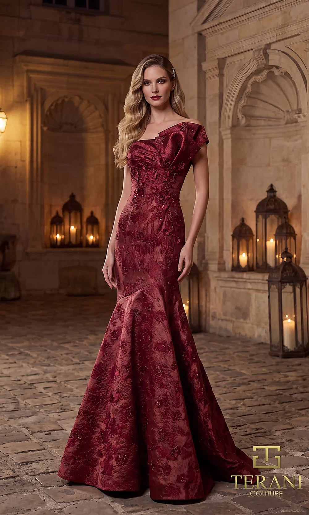 Terani Couture 262E7137 Merlot formal evening dress front view with asymmetric one-shoulder draped neckline, brocade jacquard fitted mermaid, evening gown