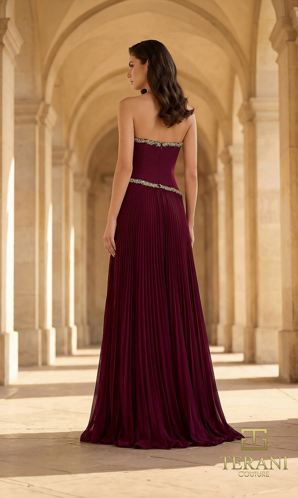 Terani Couture 262E7352 Burgundy formal evening dress back view with strapless asymmetric beaded trim, beaded drop waist, pleated chiffon A-line, gala gown