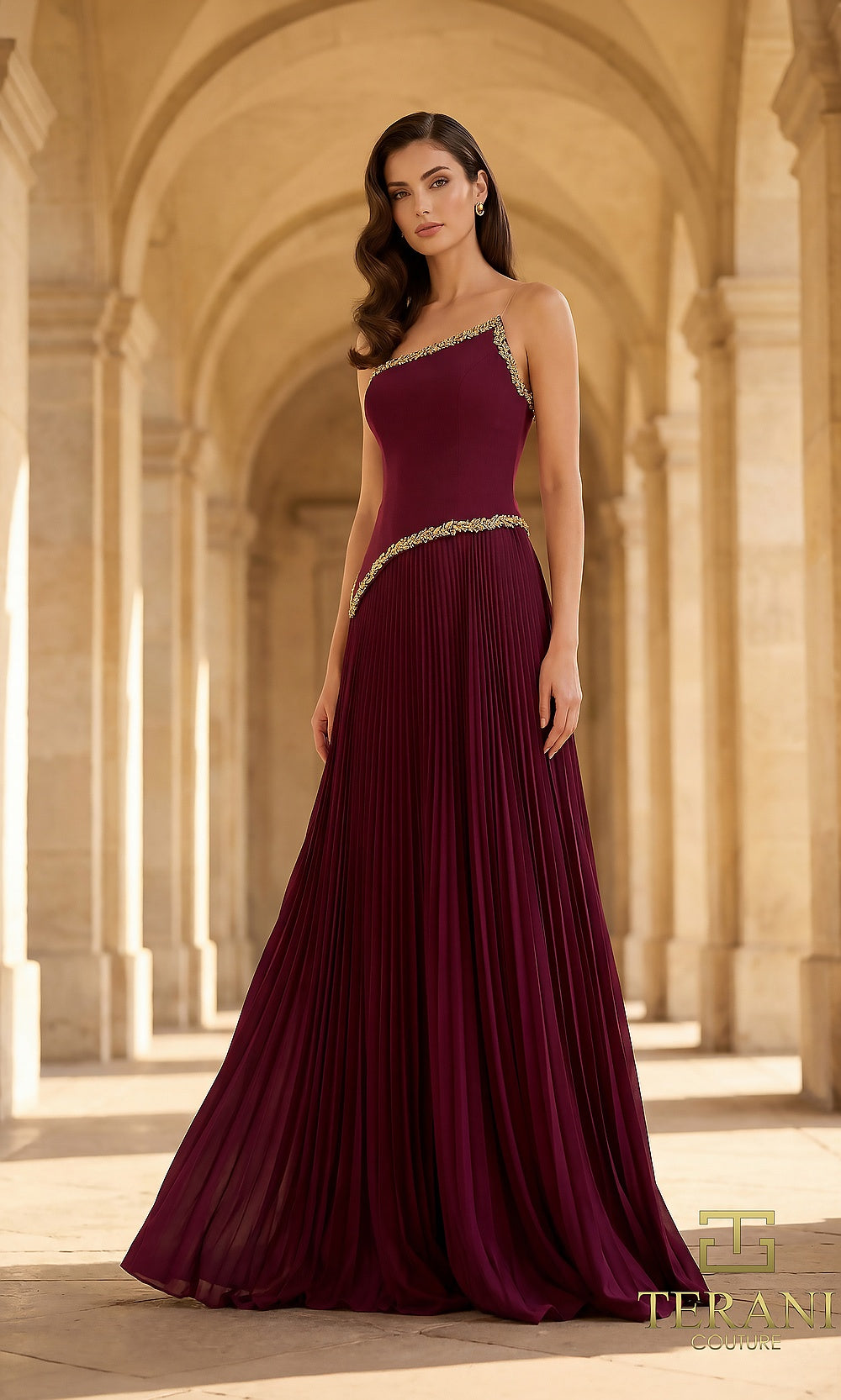 Terani Couture 262E7352 Burgundy formal evening dress front view with strapless asymmetric neckline with beaded trim, beaded drop waist, pleated chiffon A-line, black tie event dress