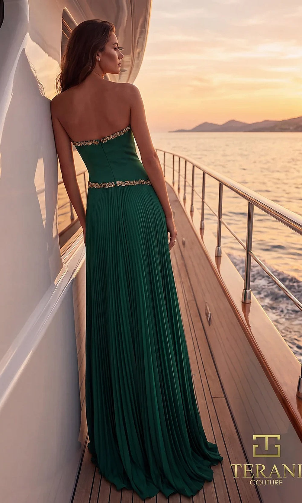 Terani Couture 262E7352 Emerald formal evening dress back view with strapless beaded trim, pleated chiffon A-line, black tie event dress