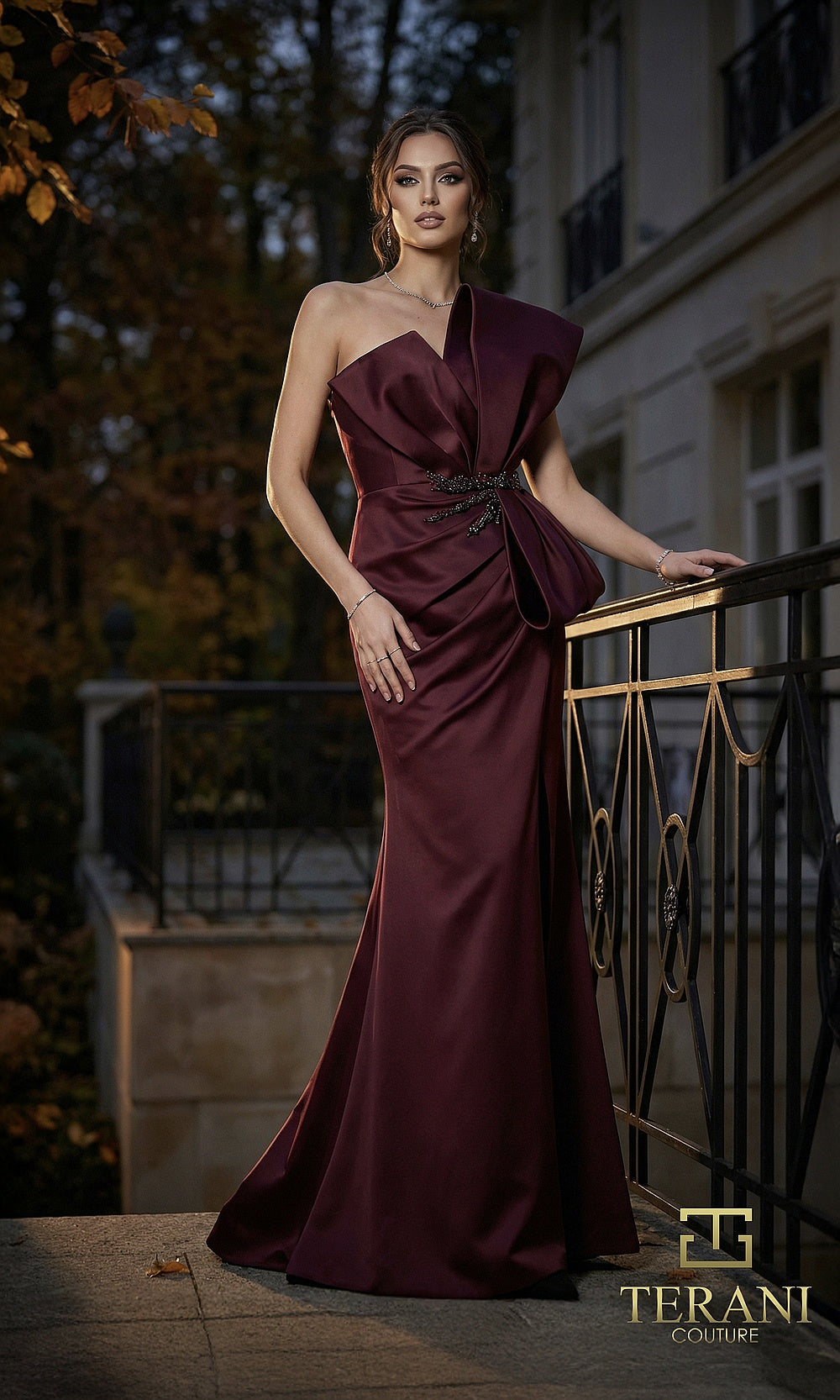 Terani Couture 262E7358 Wine formal evening dress front view with asymmetric sculpted one-shoulder bow neckline, draped satin fitted column, black tie event dress