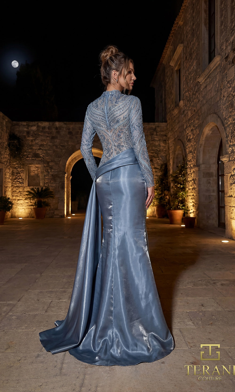 Terani Couture 262E7384 Slate formal evening dress back view with long-sleeve beaded illusion lace back, metallic satin mermaid with cascading back drape, gala gown