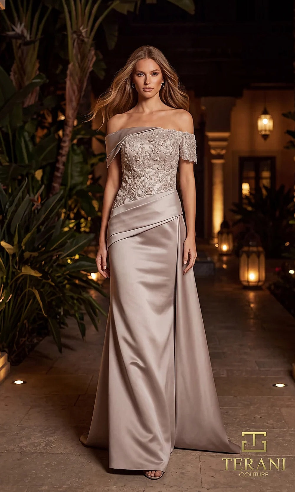 Terani Couture 262E7535 Espresso formal evening dress front view with off-shoulder folded neckline, beaded lace bodice, draped metallic satin mermaid, gala gown