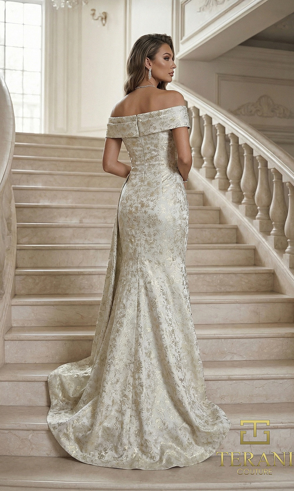 Terani Couture 262E7537 Champagne Gold formal evening dress back view with off-shoulder metallic brocade mermaid, sweep train, gala gown
