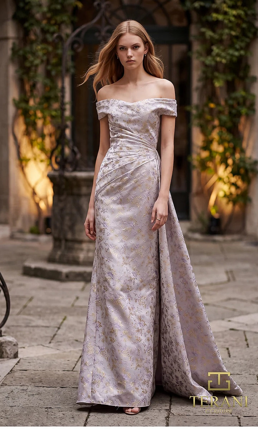 Terani Couture 262E7537 Mauve formal evening dress front view with off-shoulder portrait neckline, ruched metallic brocade fitted mermaid with side drape, black tie event dress
