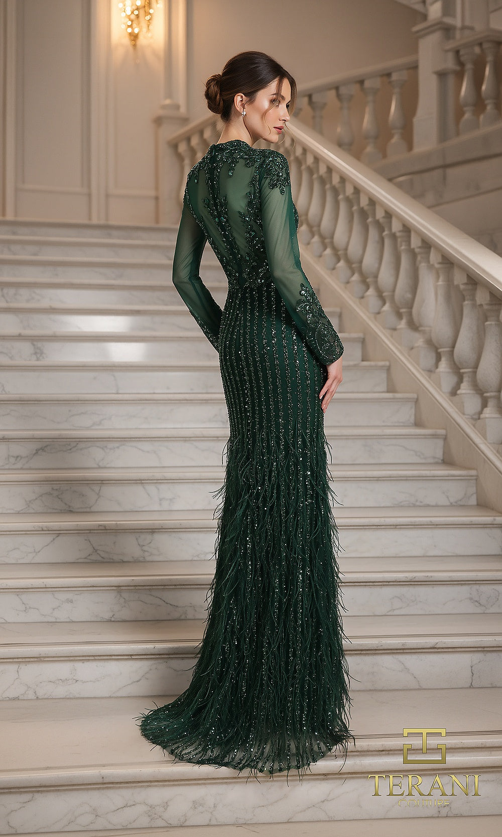 Terani Couture 262GL7162 Hunter formal evening dress back view with long-sleeve illusion beaded back, beaded fringe column, gala gown
