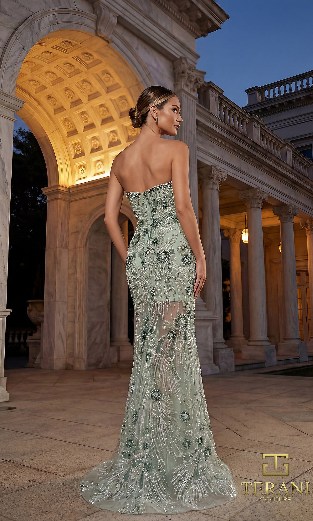 Terani Couture 262GL7176 Sage formal evening dress back view with strapless beaded floral embroidered sheer mermaid, gala gown