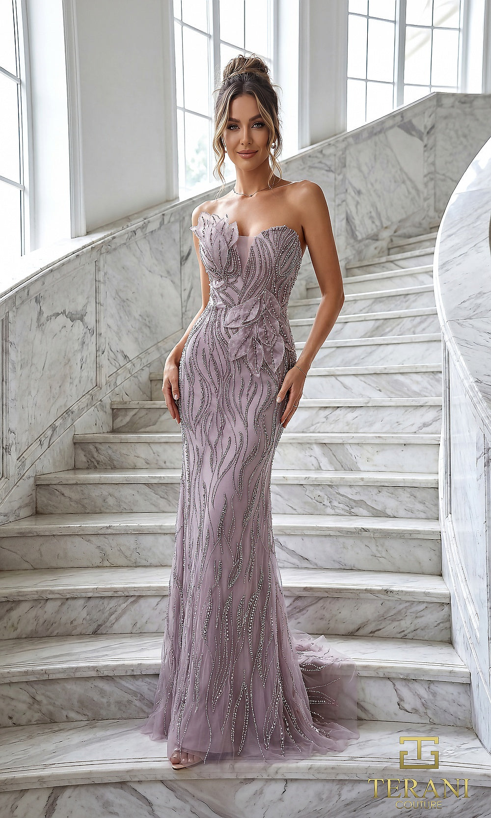 Terani Couture 262GL7180 Heather formal evening dress front view with one-shoulder sweetheart, fully beaded feather-motif mermaid with feather hem, black tie event dress