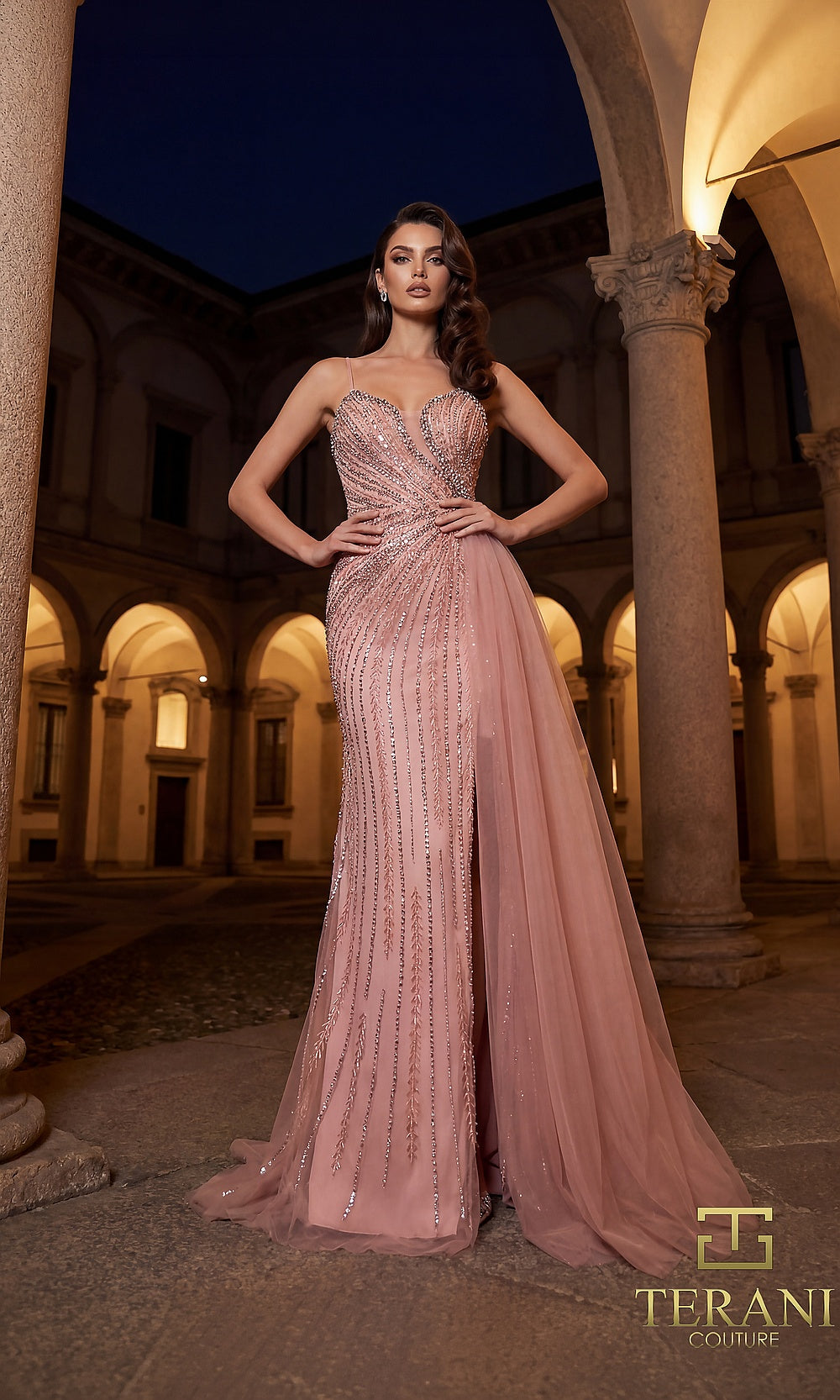Terani Couture 262GL7515 Blush formal evening dress front view with one-shoulder sweetheart, fully beaded column with tulle overskirt and slit, black tie event dress