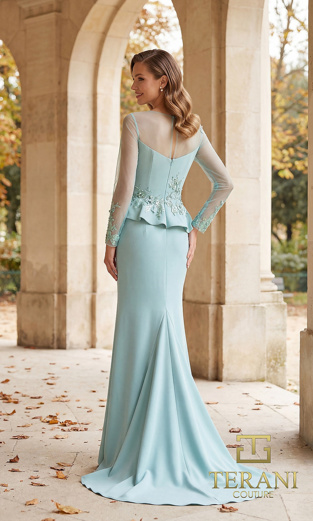 Terani Couture 262M7257 Sage mother of the bride dress back view with long sheer sleeve beaded illusion back, crepe peplum mermaid, formal wedding celebration dress