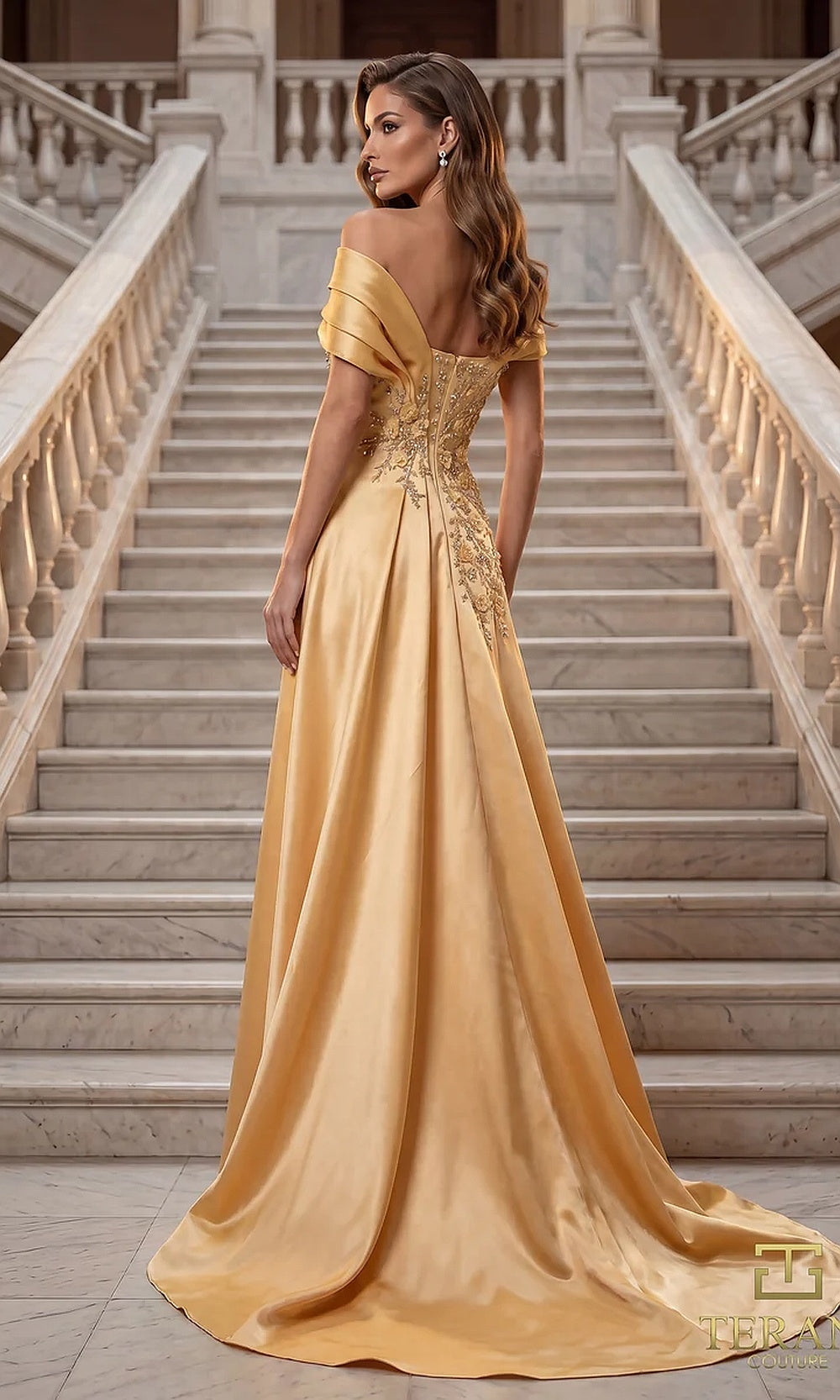 Terani Couture 262M7258 Gold mother of the bride dress back view with off-shoulder folded neckline, beaded bodice, satin A-line with sweep train, formal wedding celebration dress