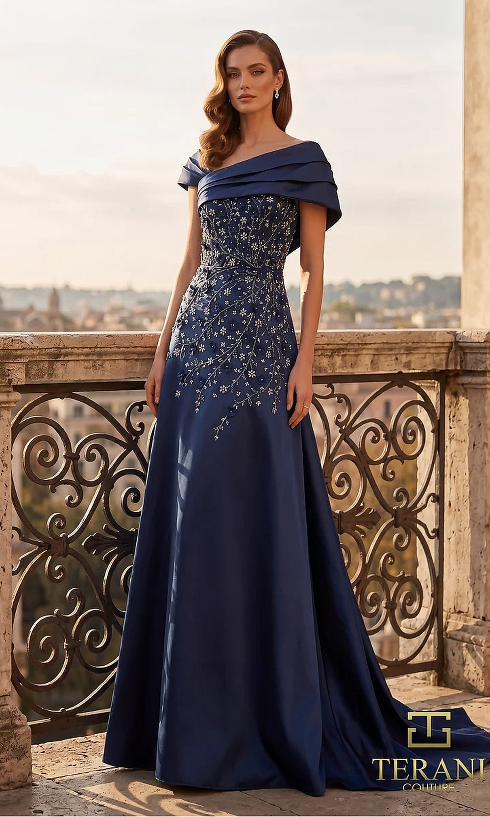 Terani Couture 262M7258 Navy mother of the bride dress front view with off-shoulder folded portrait neckline, beaded embroidered bodice, satin A-line with train, mother of the bride styling