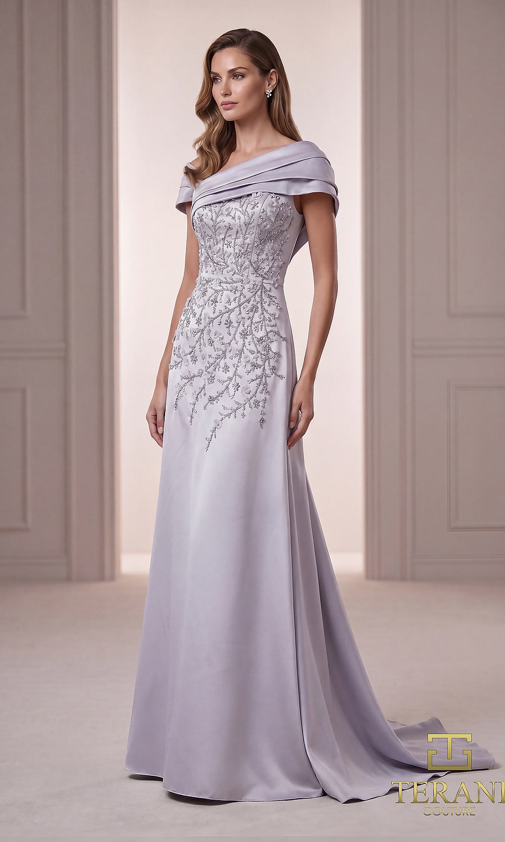 Terani Couture 262M7258 Silver mother of the bride dress front view with off-shoulder folded portrait neckline, beaded embroidered bodice, satin A-line with train, mother of the bride styling