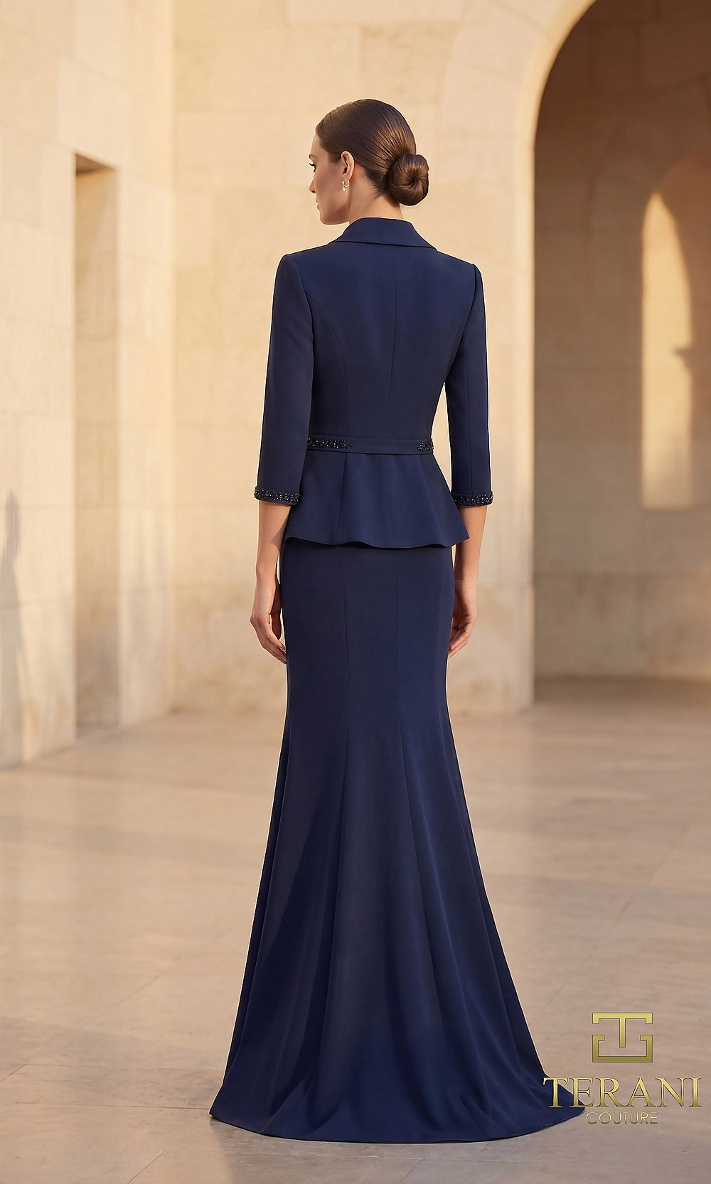 Terani Couture 262M7263 Navy mother of the bride dress back view with two-piece look, peplum jacket three-quarter sleeves, crepe mermaid skirt, formal wedding celebration dress
