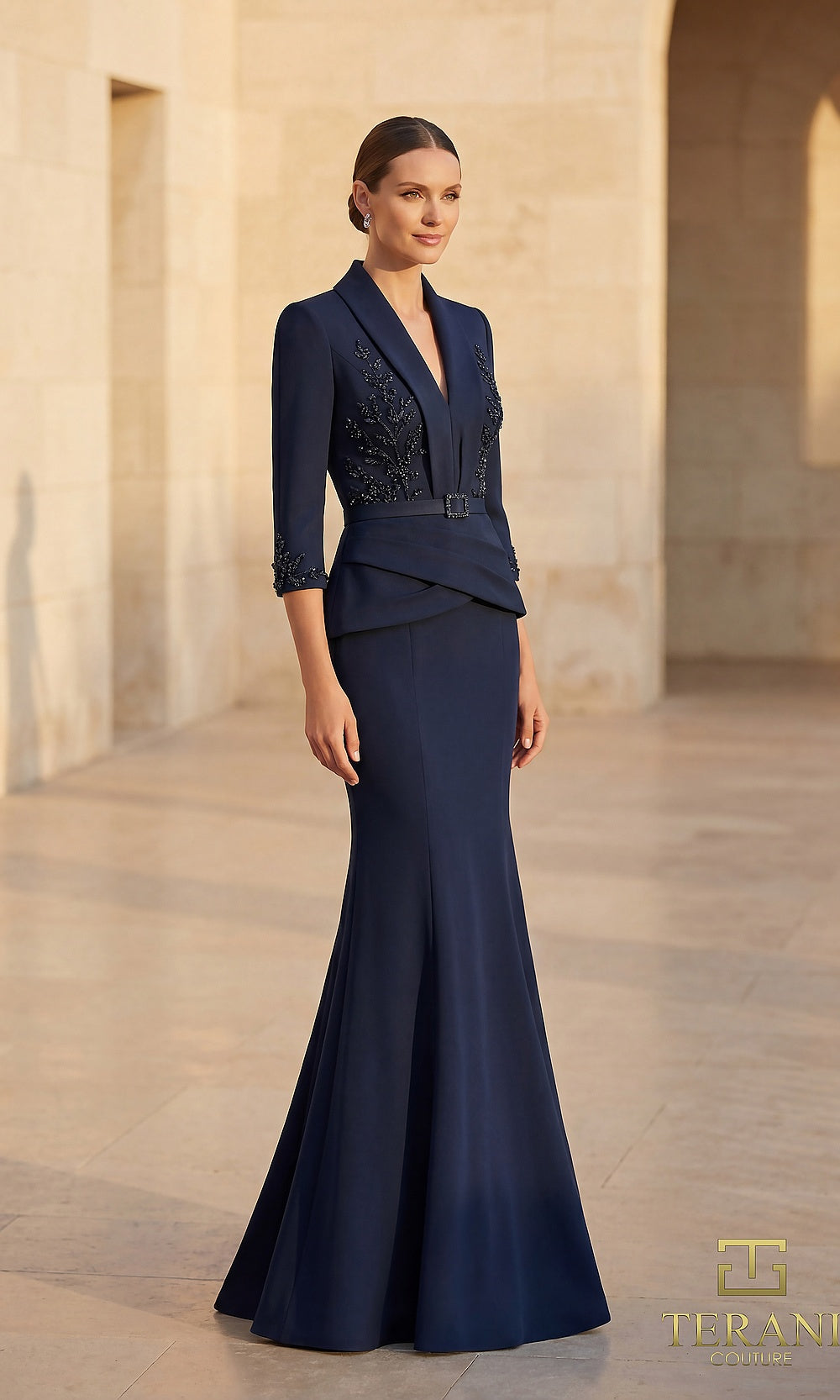 Terani Couture 262M7263 Navy mother of the bride dress front view with notched lapel three-quarter-sleeve peplum jacket with beaded lace, crepe mermaid gown, mother of the bride styling