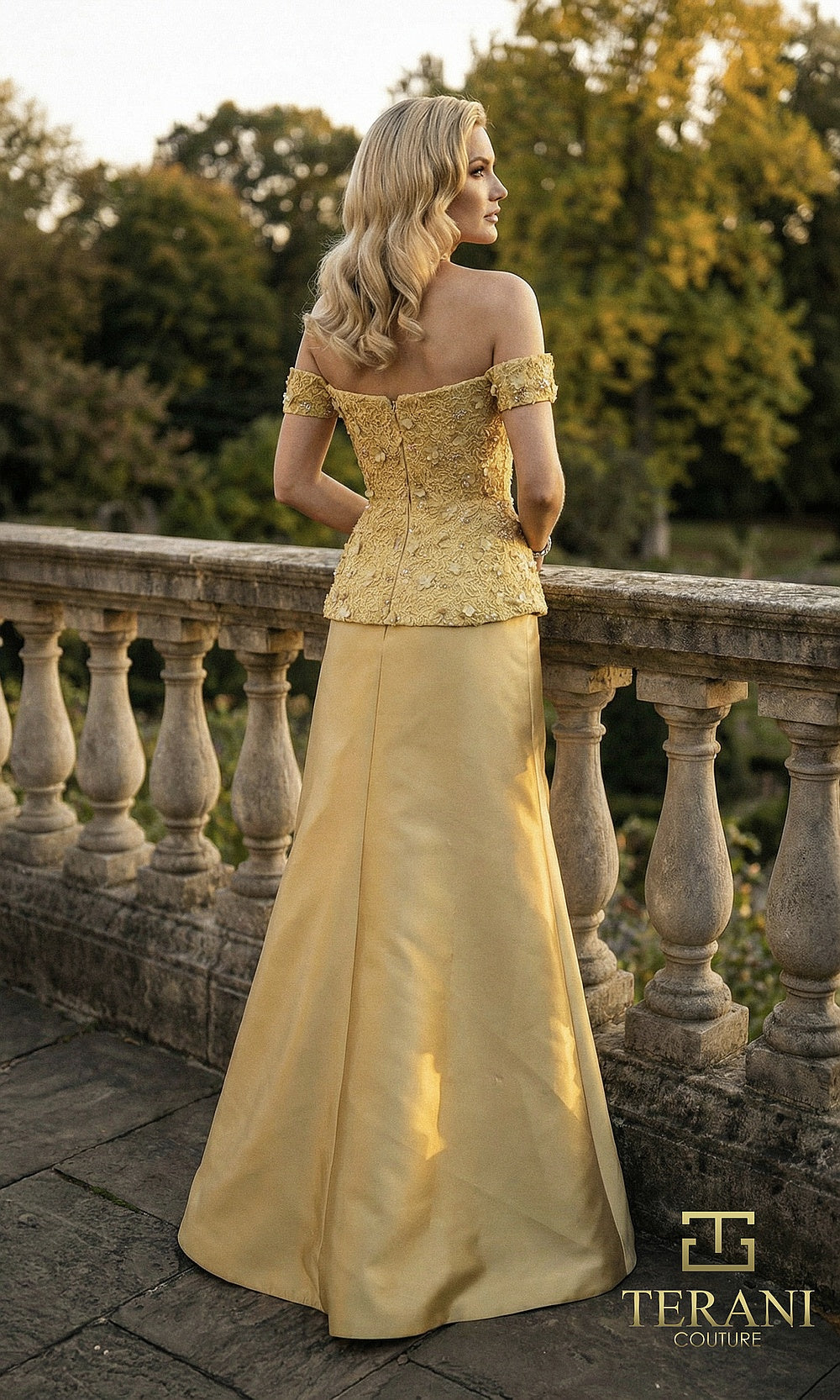 Terani Couture 262M7270 Gold mother of the bride dress back view with off-shoulder beaded lace bodice, satin skirt, formal wedding celebration dress